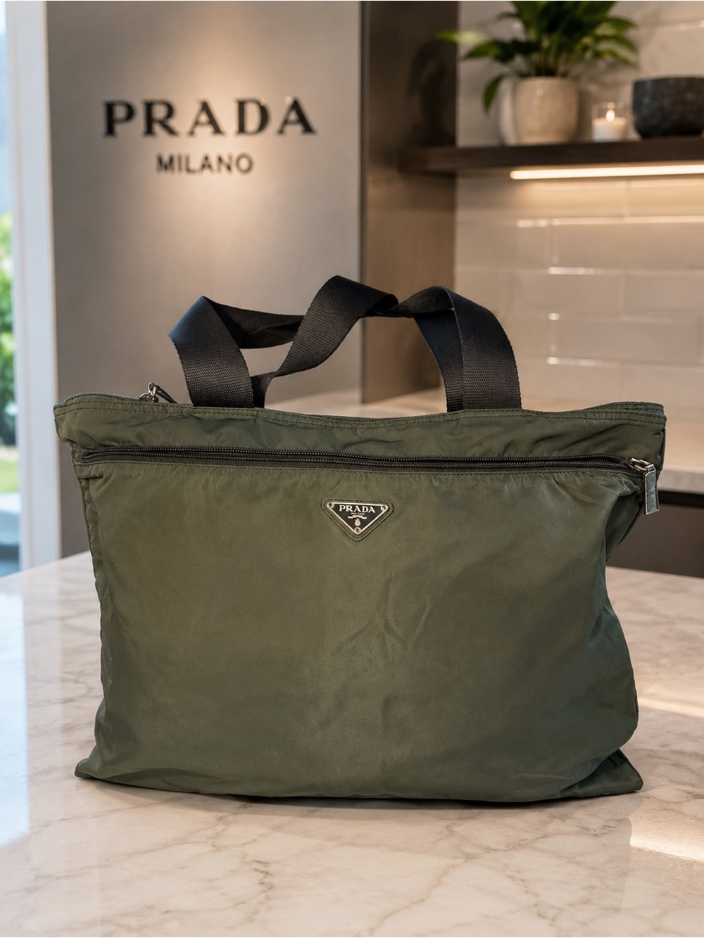 Prada Tessuto Nylon Tote Bag Khaki Green Vintage Italy